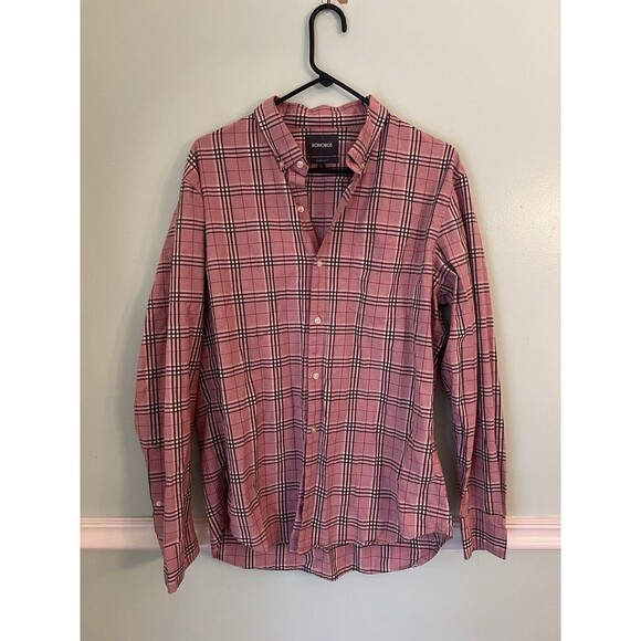Bonobos Mens XL Plaid Tailored Slim Fit Shirt Long Sleeve Button Up Pink Checked - Picture 1 of 5